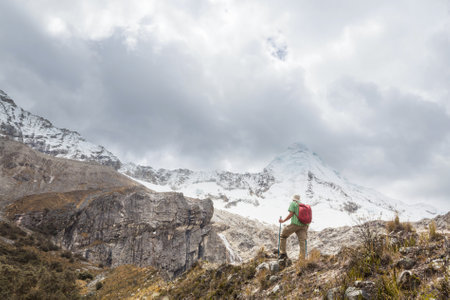 Hiker in Cordillera mountains, Peru, South Americaの写真素材