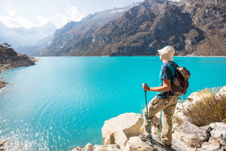 Hiker in Cordillera mountains, Peru, South Americaの写真素材