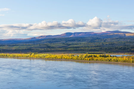 autumn season on the blue riverの写真素材
