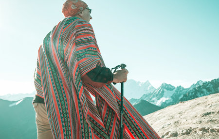 Hiker in Cordillera mountains, Peru, South Americaの写真素材