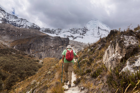 Hiker in Cordillera mountains, Peru, South Americaの写真素材