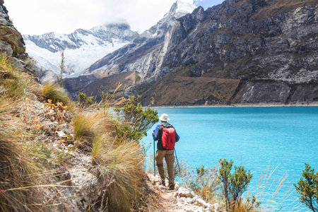 Hiker in Cordillera mountains, Peru, South Americaの写真素材