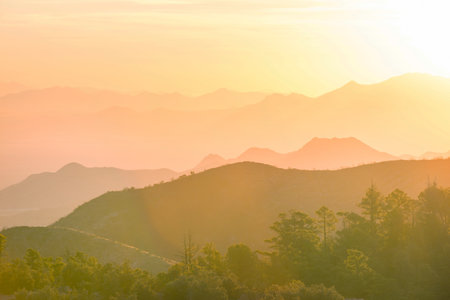Scenic Sunset in the mountains. Beautiful natural background.の写真素材