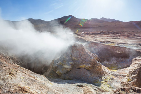 Geyser Sol de Manana, Bolivia. Beautiful unusual natural landscapes in South America.の写真素材