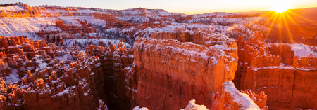 Picturesque colorful pink rocks of the Bryce Canyon National park in the winter season, Utah, USAの写真素材