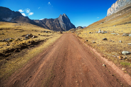 Scenic road in the Cordillera mountains in Peru. Travel background.の写真素材
