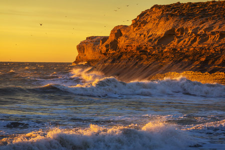 Beautiful sunrise in the National Park Monte Lyon, Patagonia, Argentina. Atlantic coast at the...