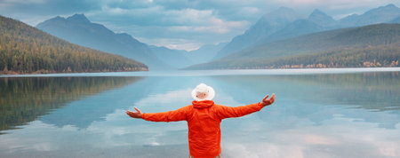 Beautiful Bowman lake with reflection of the spectacular mountains in Glacier National Park, Montana, USA.の写真素材