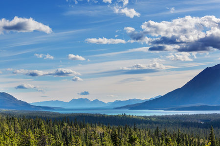 Serene scene by the mountain lake in Canadaの写真素材