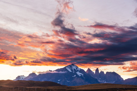 Beautiful mountain landscapes in Torres Del Paine National Park, Chile. World famous hiking region.の写真素材