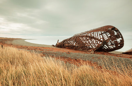 A boat wrecked on the beach in stormy weatherの写真素材