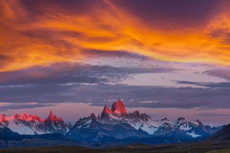 Famous Cerro Fitz Roy  and Cerro Torre- one of the most beautiful and hard to accent rocky peaks in Patagonia, Argentinaの写真素材