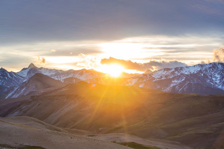 Scenic Sunset in the mountains. Beautiful natural background.の写真素材