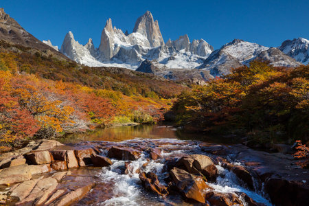 Famous Cerro Fitz Roy  and Cerro Torre- one of the most beautiful and hard to accent rocky peaks in Patagonia, Argentina. Autumn season.の写真素材