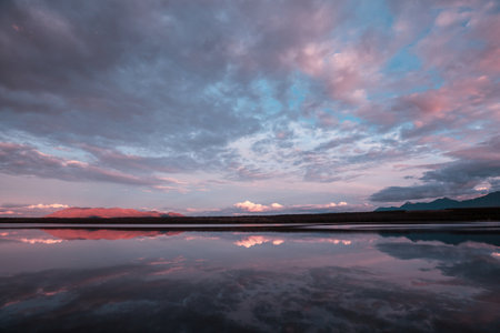 Sunset scene on the lake at sunset summer nature landscapesの写真素材