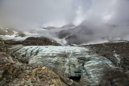 beautiful natural landscape around Beagle sound in Ushuaia, Argentina. Glacier in the rainy day.の写真素材
