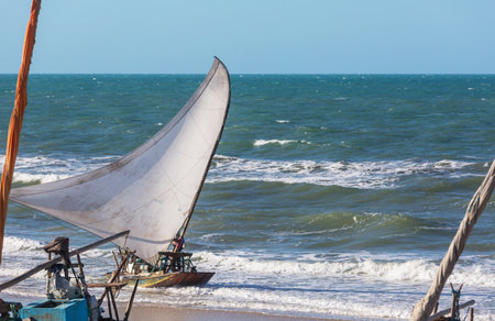 The fishing boats on ocean beach in Brazil, South Americaの写真素材