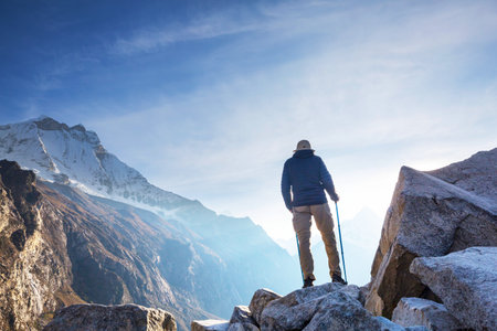 Hiker in Cordillera mountains, Peru, South America