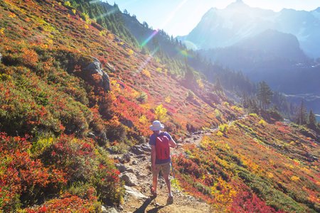 Hike in the autumn mountains. Fall season theme.の写真素材