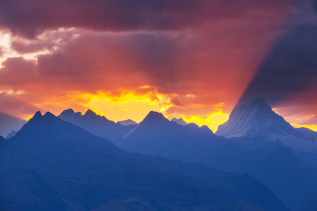 Beautiful mountains landscapes in Cordillera Blanca at sunset,  Peru, South Americaの写真素材