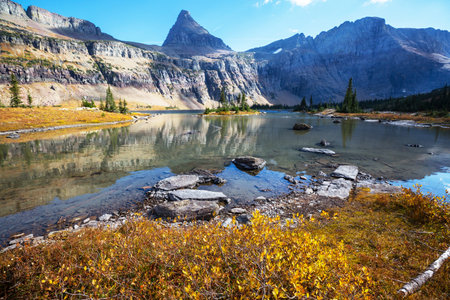 Picturesque rocky peaks of the Glacier National Park, Montana, USA. Beautiful natural landscapes.