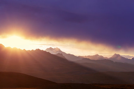 Scenic Sunset in the mountains. Beautiful natural background. Cordillera mountains in Peru.の写真素材
