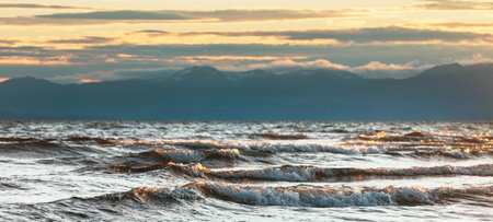 Sunset scene on the lake at sunset summer nature landscapesの写真素材