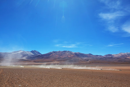 Expedition car in high mountains, Boliviaの写真素材
