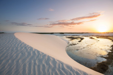 Lagoons in the desert of Lencois Maranhenses National Park, Brazil. Unusual natural landscapes.