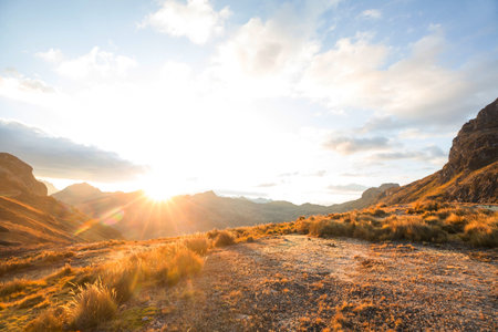 Scenic Sunset in the mountains. Beautiful natural background. Cordillera mountains in Peru.の写真素材