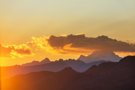 Scenic Sunset in the mountains. Beautiful natural background. Cordillera mountains in Peru.の写真素材