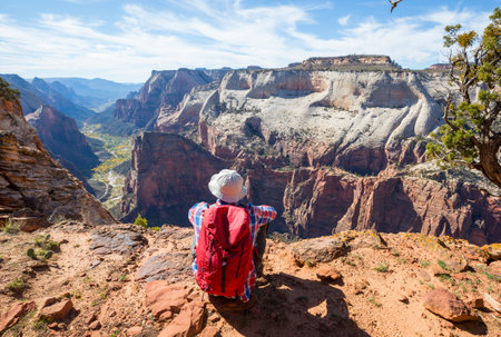 Hike in Zion National Park. Man walk on the trail  in Zion National park,Utah. Back turned no face visible.の写真素材