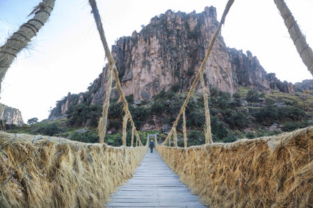 Authentic wooden and grassy bridge across river in Peru