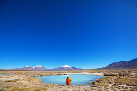 Tourist near beautiful blue lagoon on Altiplano, Northern Chile, South America