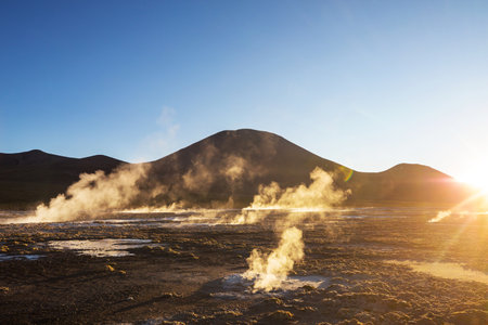 Geothermal field in Altiplano at sunrise, Chile, South Americaの写真素材