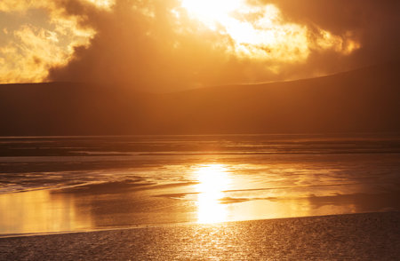 Sunset scene on the lake at sunset . Beautiful nature landscapesの写真素材