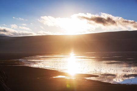 Sunset scene on the lake at sunset . Beautiful nature landscapesの写真素材