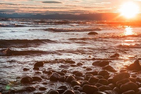 Sunset scene on the lake at sunset . Beautiful nature landscapesの写真素材