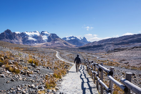 Hiking scene in Cordillera mountains, Peruの写真素材