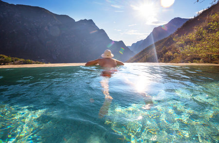 Tourist relaxing in natural thermal pools Las Grutas De Tolantongo in Mexicoの写真素材