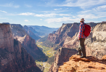 Hike in Zion National Park. Man walk on the trail  in Zion National park,Utah. Back turned no face visible.の写真素材