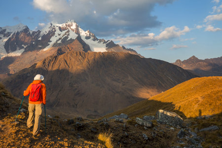 Hiking scene in Cordillera mountains, Peruの写真素材