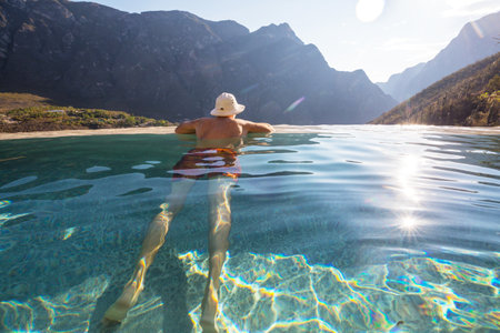 Tourist relaxing in natural thermal pools Las Grutas De Tolantongo in Mexicoの写真素材
