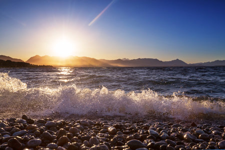 Sunset scene on the lake at sunset . Beautiful nature landscapes