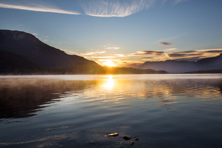 Sunrise scene on beautiful serene lake. Beautiful natural background. Patagonia, Argentina, South America.の写真素材