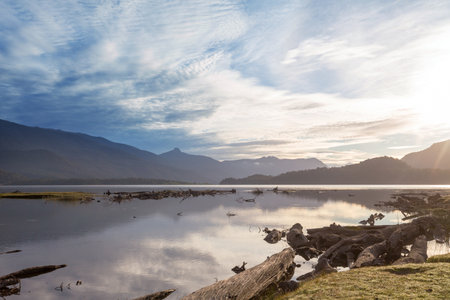 Sunrise scene on beautiful serene lake. Beautiful natural background.の写真素材