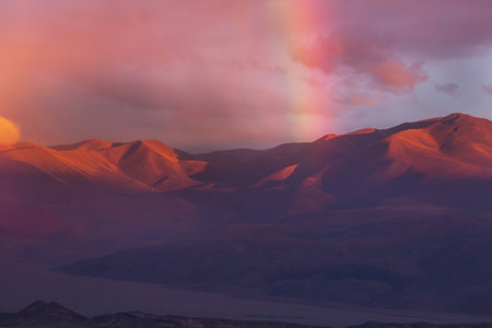 Scenic Sunset in the mountains. Beautiful natural background. Cordillera mountains in Peru.の写真素材