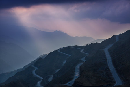 Scenic road in the mountains. Travel background.の写真素材