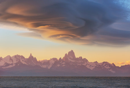Famous Cerro Fitz Roy  and Cerro Torre- one of the most beautiful and hard to accent rocky peaks in Patagonia, Argentinaの写真素材