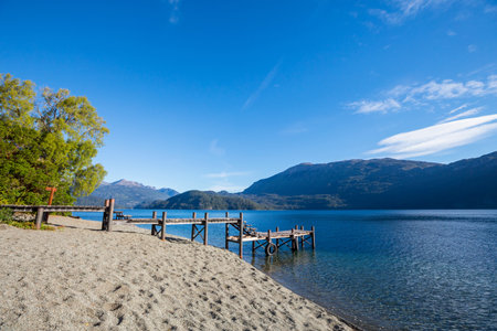 Wooden pier in serenity lake in Patagonia, Argentinaの写真素材